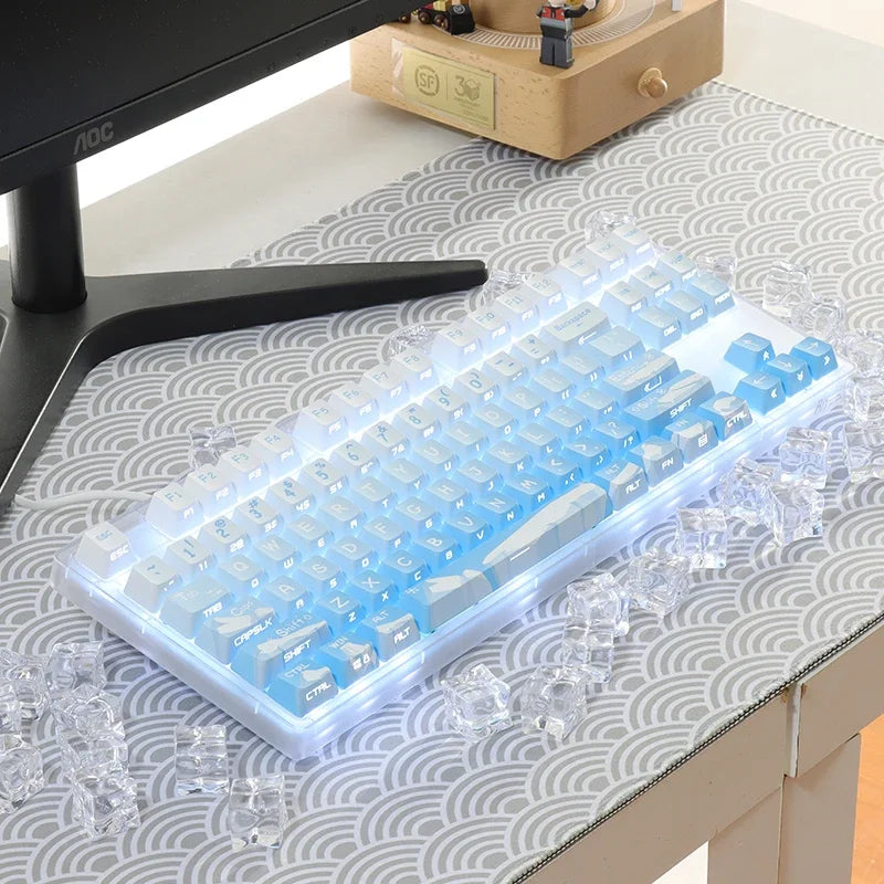 Korean Glacier Side-Engraved Translucent Keycaps OEM PBT Sublimation 122-Key DIY Fresh Gradient Blue White KR/korean Keycaps