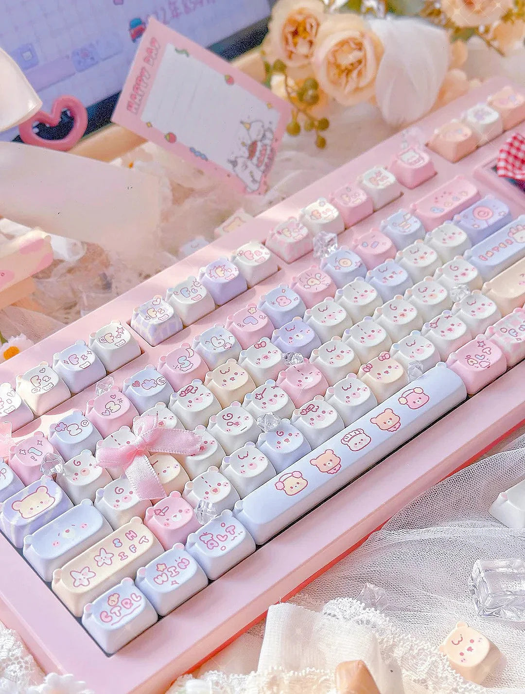 Cute Kawaii Bear Keycap EAO Pink Purple Expression Pbt For Diy Mechanical Keyboard Side Engraved Iso/Ansi Layout Cute Cat Keycap