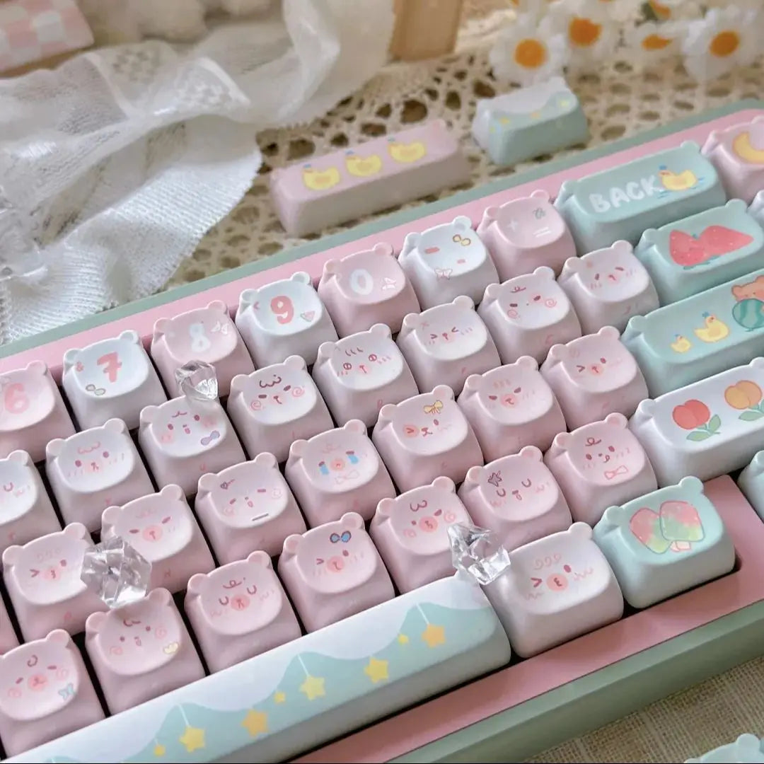 Cute Kawaii Bear Keycap EAO Pink Purple Expression Pbt For Diy Mechanical Keyboard Side Engraved Iso/Ansi Layout Cute Cat Keycap