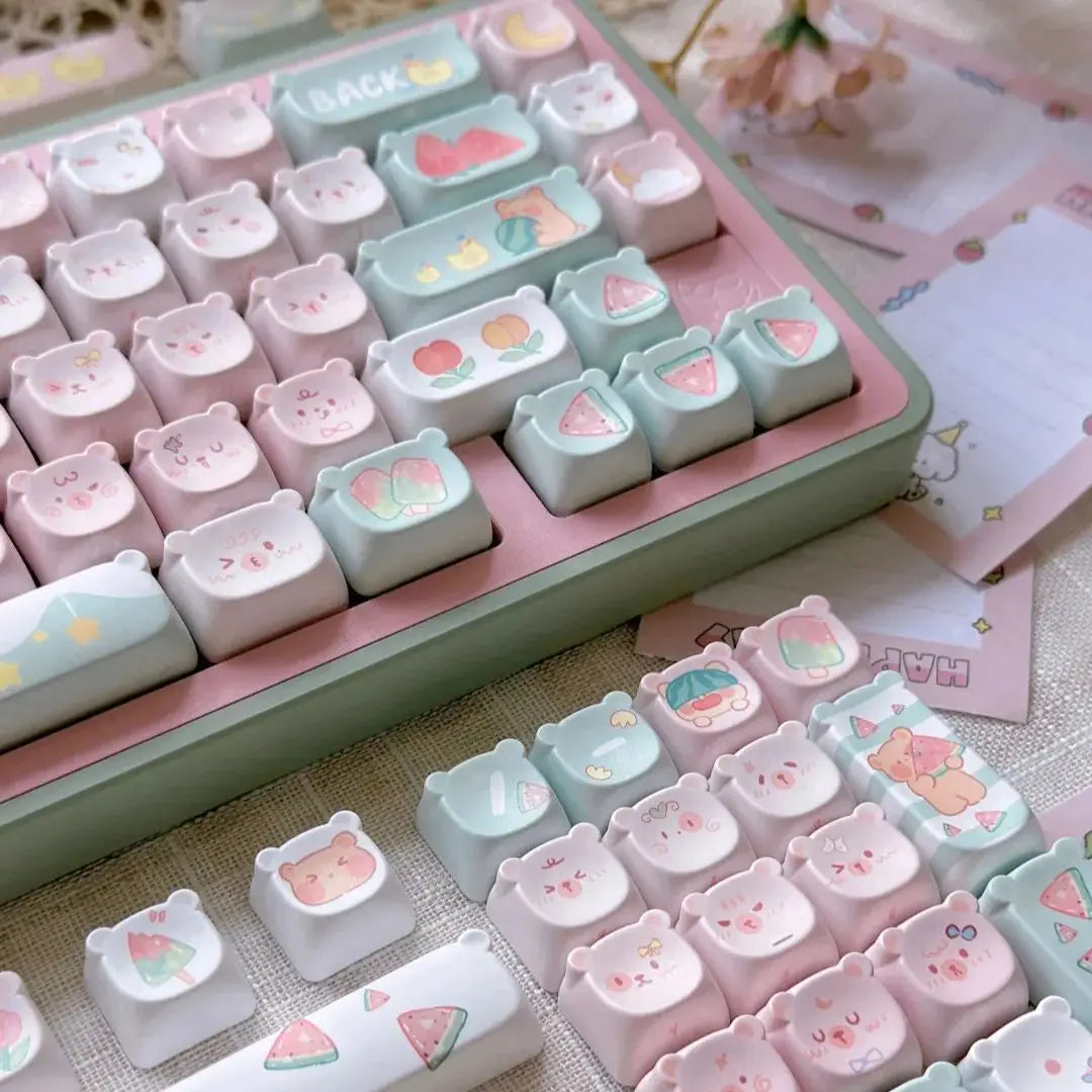 Cute Kawaii Bear Keycap EAO Pink Purple Expression Pbt For Diy Mechanical Keyboard Side Engraved Iso/Ansi Layout Cute Cat Keycap