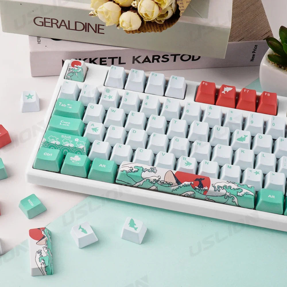 108 Keys OEM Profile Keycaps Coral Sea Theme PBT Five-side DYE Sublimation Key Caps for Gaming Mechanical Keyboard MX Switches