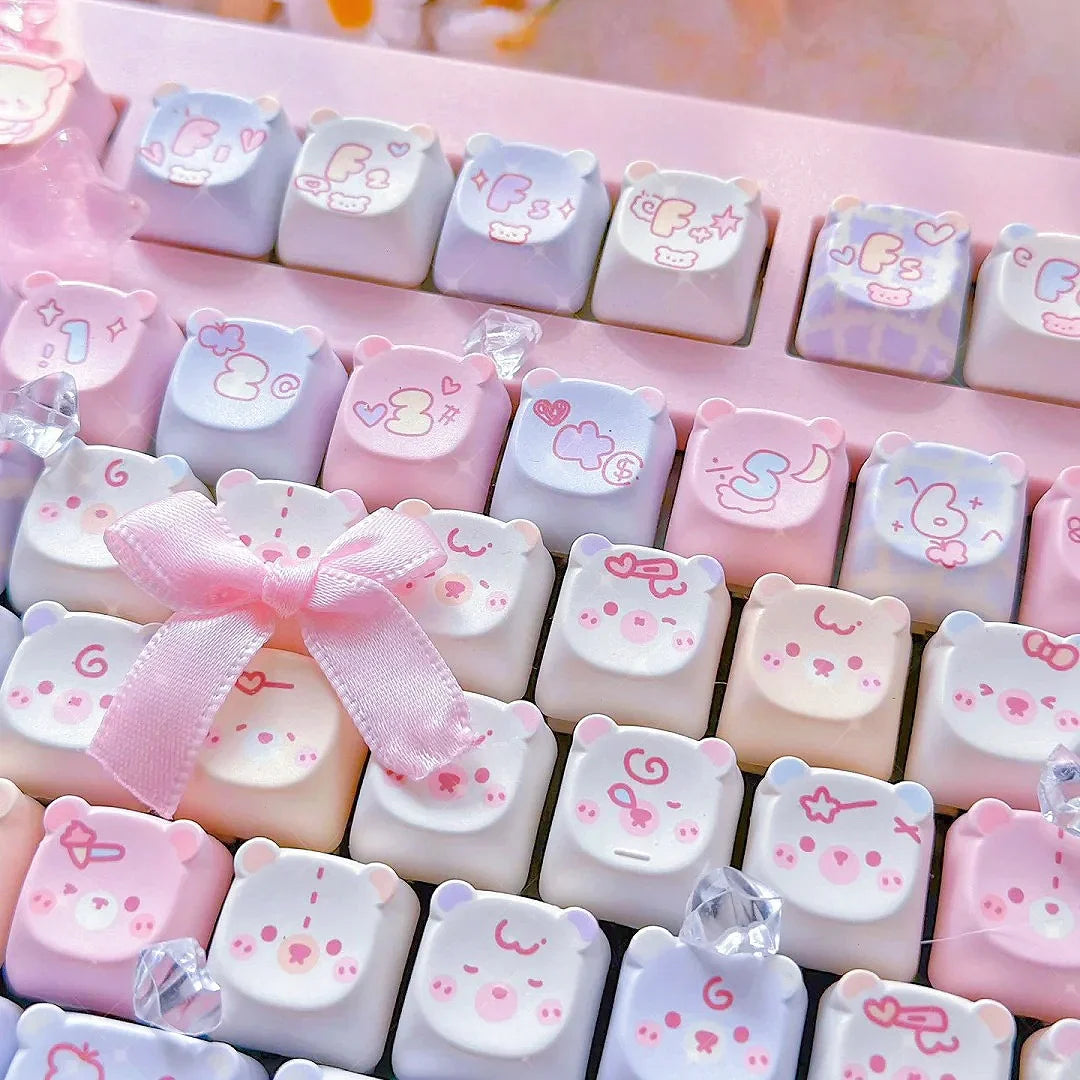 Cute Kawaii Bear Keycap EAO Pink Purple Expression Pbt For Diy Mechanical Keyboard Side Engraved Iso/Ansi Layout Cute Cat Keycap